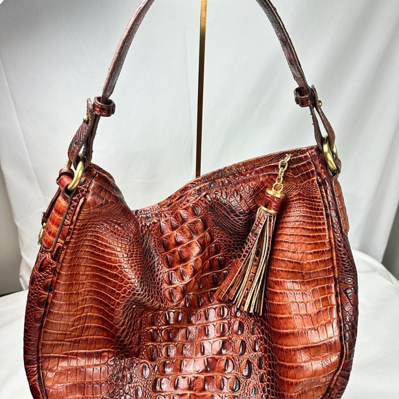Brahmin Authentic Croc Lauren Pecan Leather Shoulder Bag w/Tassel/Hand Tag - Picture 4 of 13